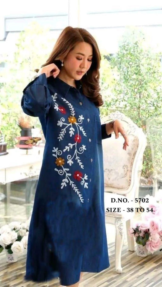 Beautiful Heavy Denim A-Line Kurti with Aari Embroidery & Pockets