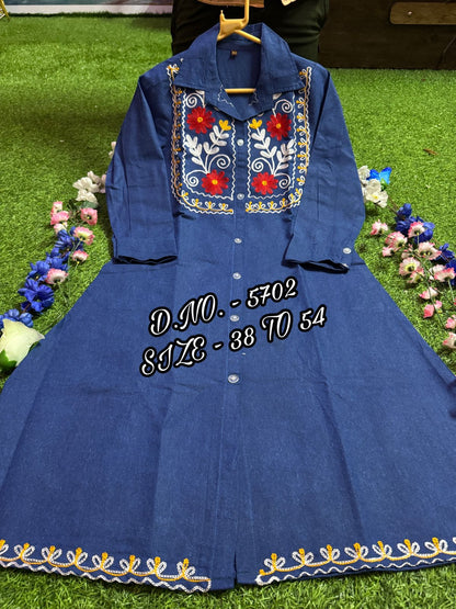 Beautiful Heavy Denim A-Line Kurti with Aari Embroidery & Pockets