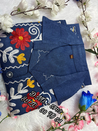 Beautiful Heavy Denim A-Line Kurti with Aari Embroidery & Pockets