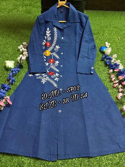 Beautiful Heavy Denim A-Line Kurti with Aari Embroidery & Pockets