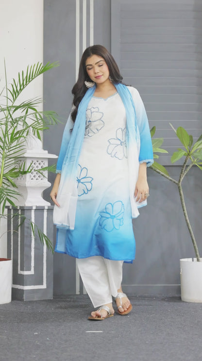 Muslin Silk Kurti Set with Tye & Dye, Beads Work & Chanderi Silk Pant